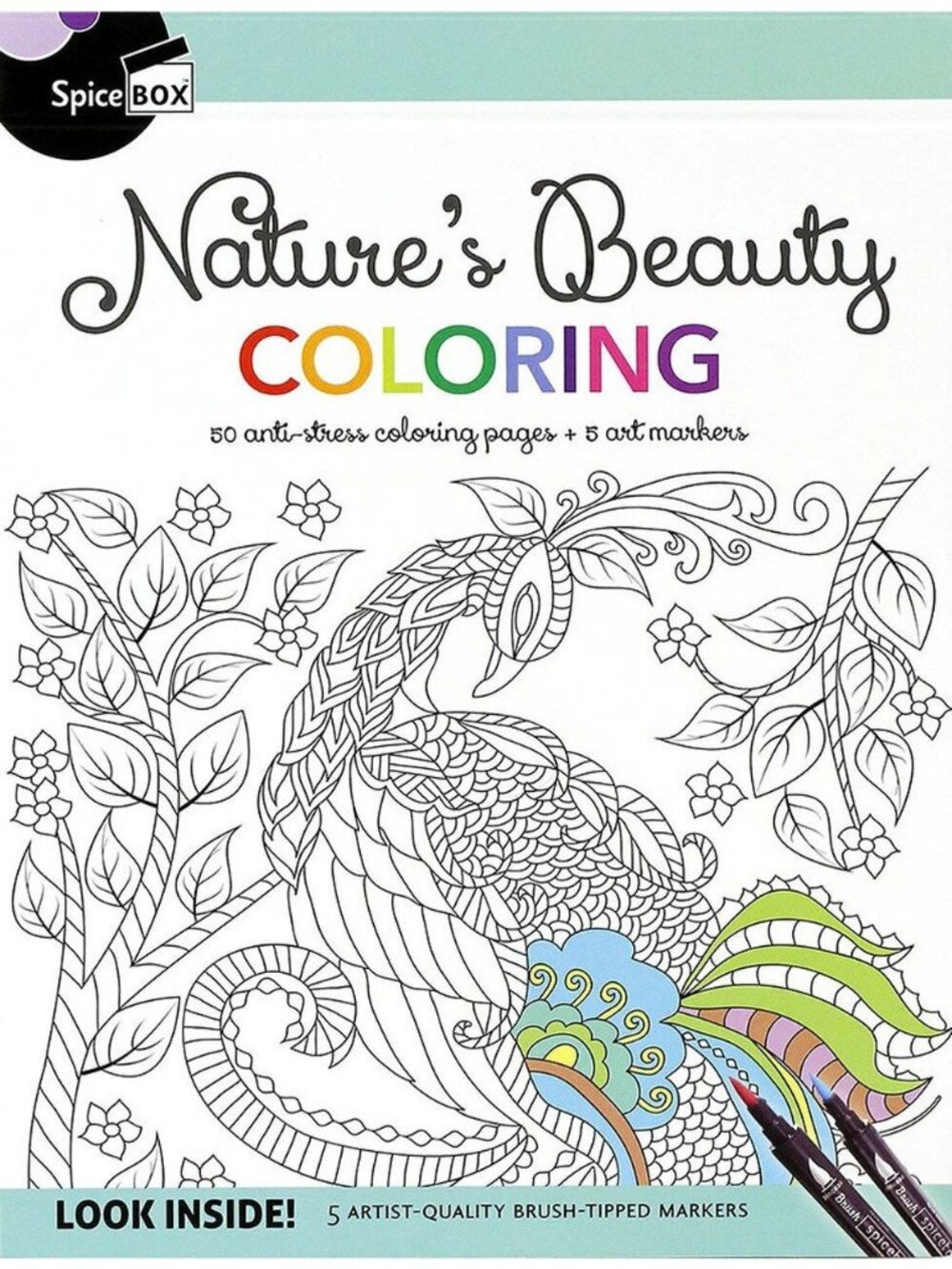 Spicebox Natures Beauty Coloring 50 Anti Stress Coloring Pages 5 Artmarkers NEW